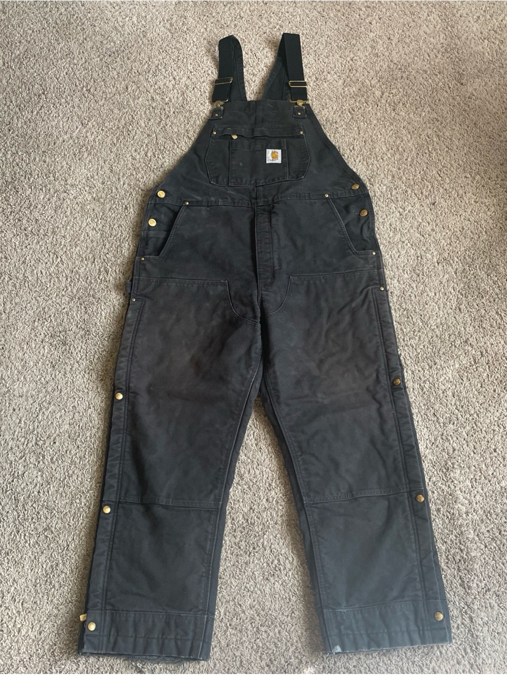 Carhartt 104393 BLK Quilt Lined Duck Bib Overalls Black Mens Size Large Short